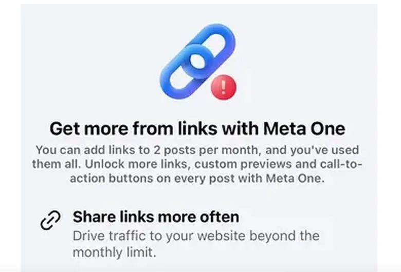 Print do aviso da Meta: você pode adicionar links a 2 posts por mês e já usou todos
