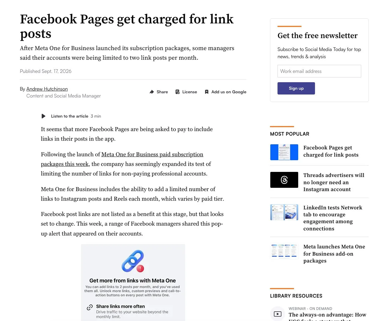 Print da matéria do Social Media Today: Facebook Pages get charged for link posts