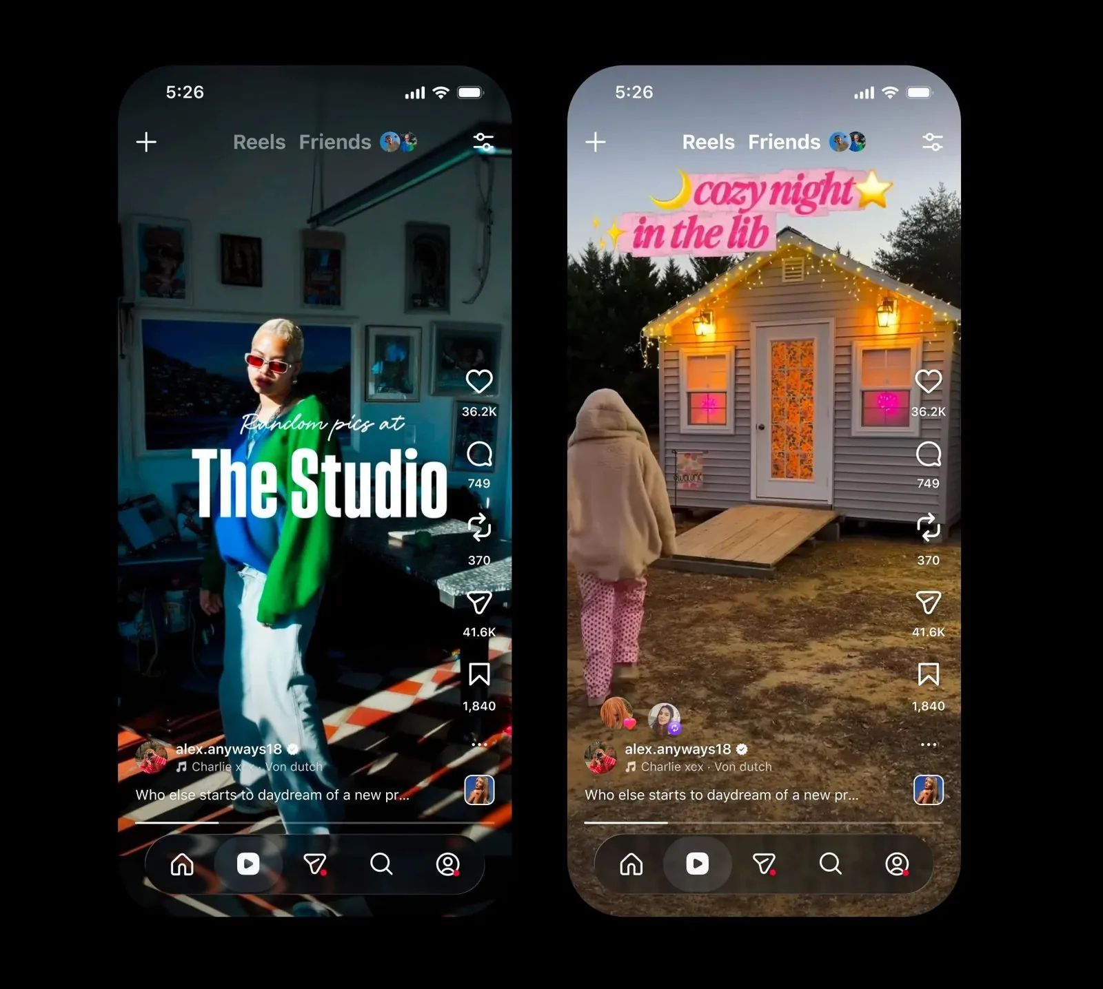 Print do guia oficial do Instagram: dois Reels abertos no app, um com o texto The Studio em destaque no primeiro quadro