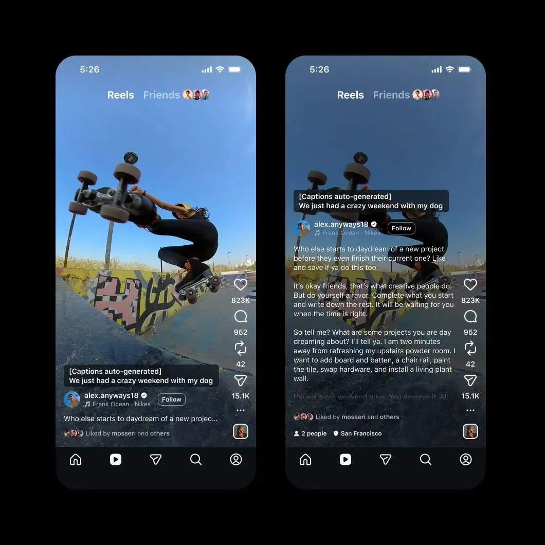 Print do guia oficial: Reel de skate com a legenda automática aparecendo sobre o vídeo