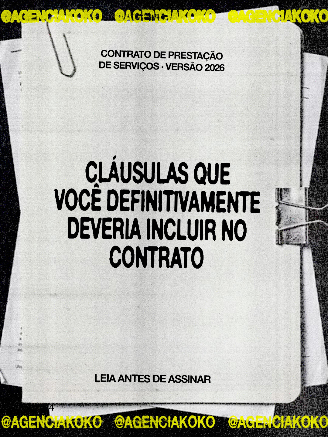 Capa de um contrato em preto e branco, com granulado, presa por um clipe e uma presilha metálica sobre outras folhas empilhadas, em fundo es